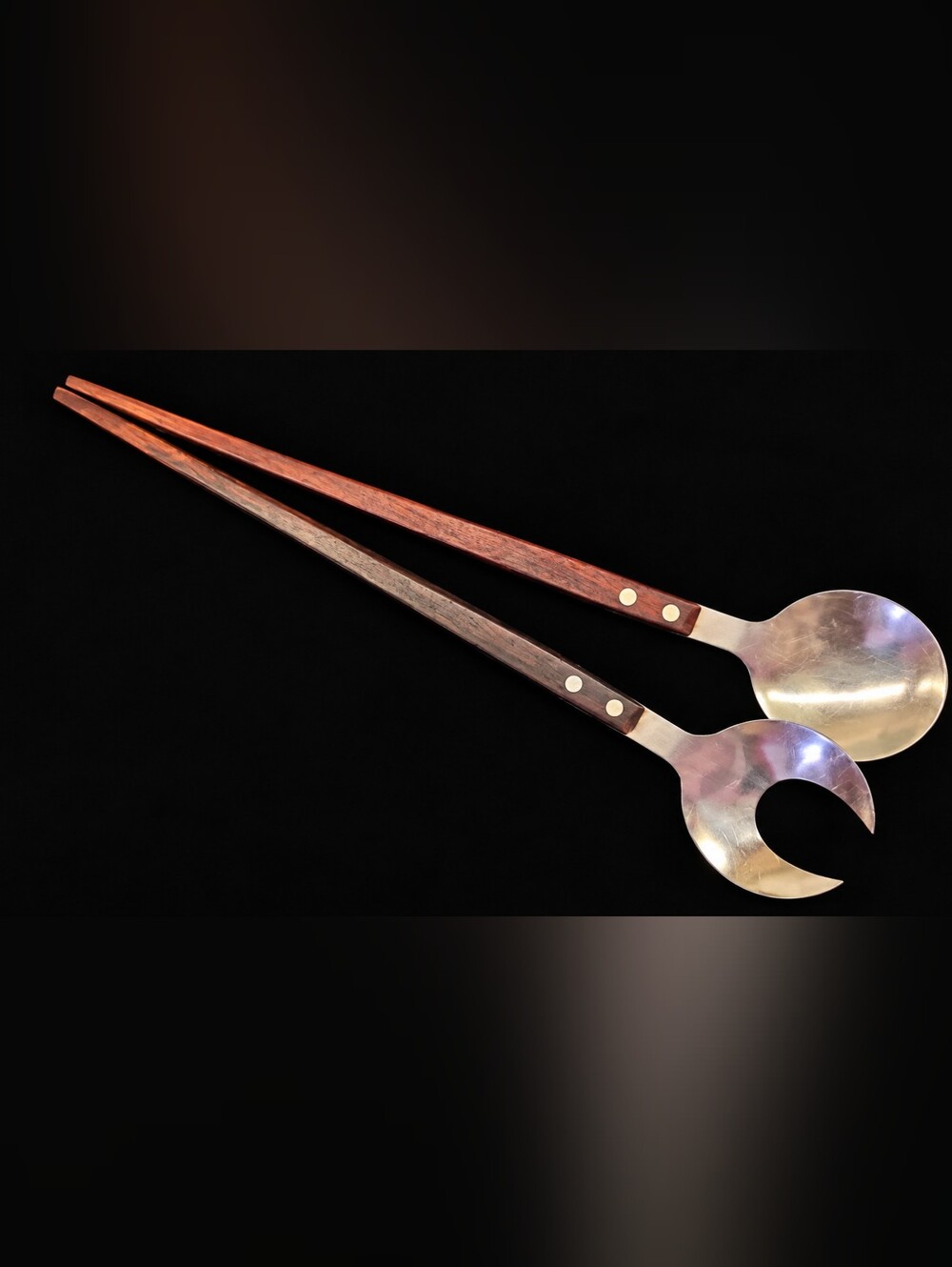 Vintage MCM Japan Salad Servers Stainless Steel Dark Wood 13" Set of 2